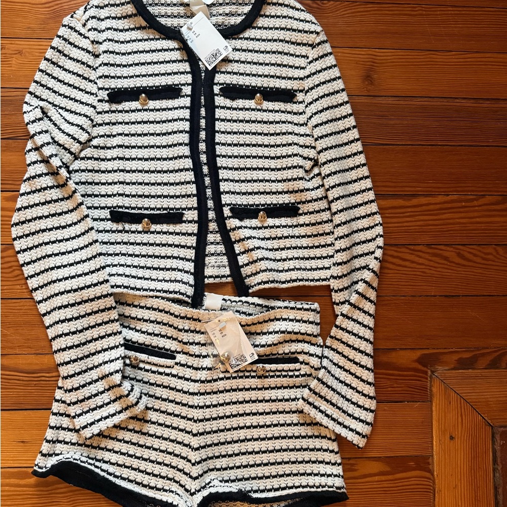H&M Black & off white Striped Jacket and Short Set